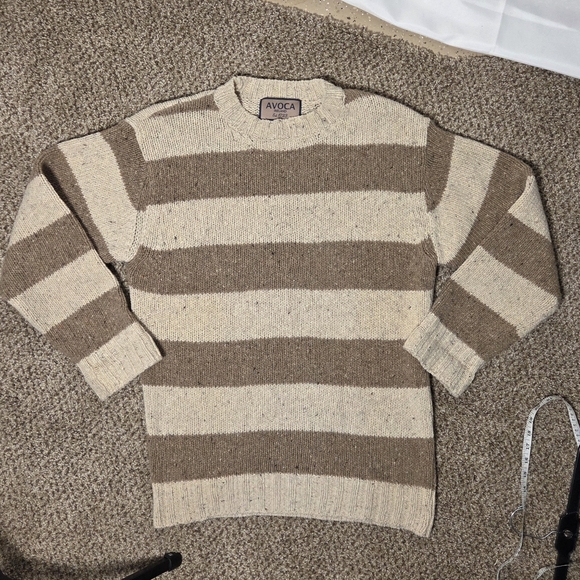 Avoca Ireland Wool Stripe Sweater Women's XL Long Sleeve Tan Brown Crew Neck - Picture 2 of 9